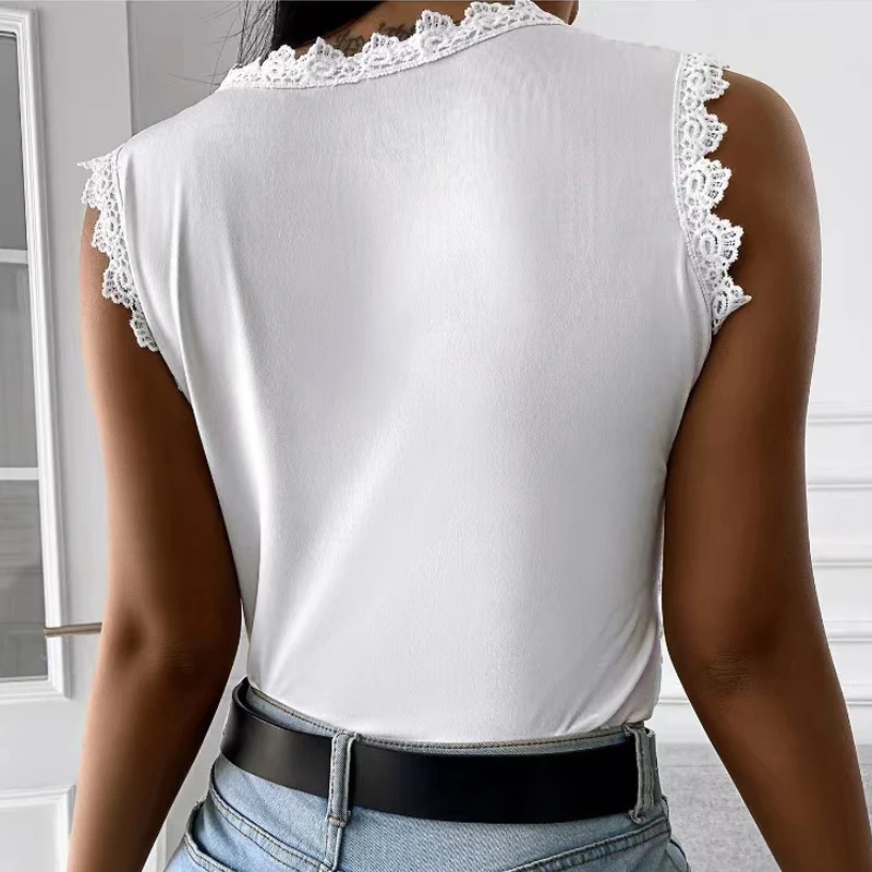 New Fashion Summer Plus Size Lace Round Neck Sleeveless Women's Shirt Elegant Solid Color Casual Office Pullover Blouse Top image 6