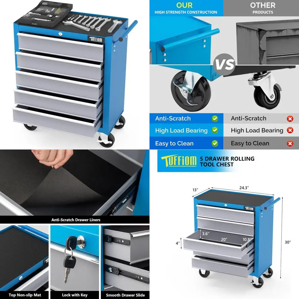 

5-Drawer Rolling Tool Chest with Lockable Wheels, Top Cushion, Drawer Liners, and Storage Cabinet for Enhanced Organization