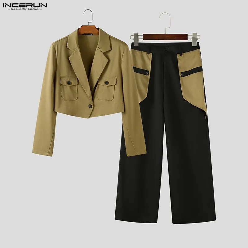 

INCERUN мужские комплекты в стиле пэчворк с лацканами и длинными рукавами, укороченный пиджак и брюки, комплекты из двух предметов, уличная одежда, элегантные модные повседневные мужские костюмы