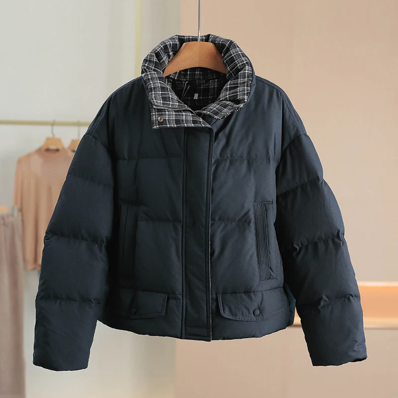 

HuangHong Winter Short Casual Plaid Patchwork Stand Collar down Jacket Women's Fashion New Arrival Warm Polyester Fiber