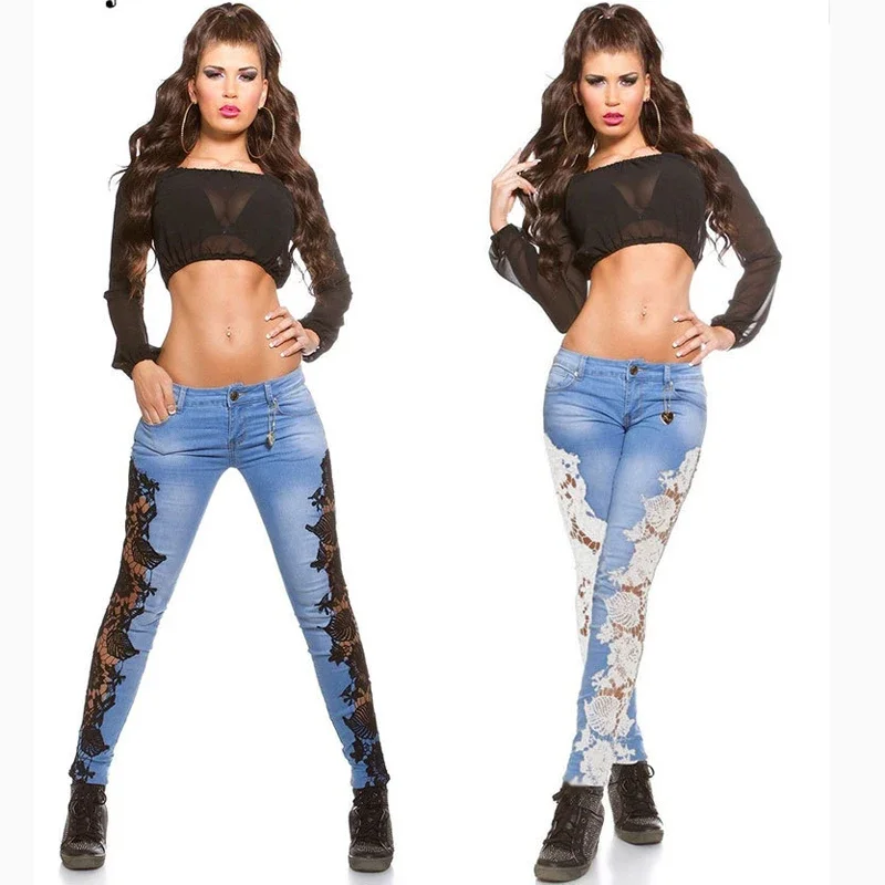 Summer Women Lace Jeans Popular in Europe and America Style Slim Fit Women Pencil Jeans Pants Hot Sexy Skinny Jeans Club Wear