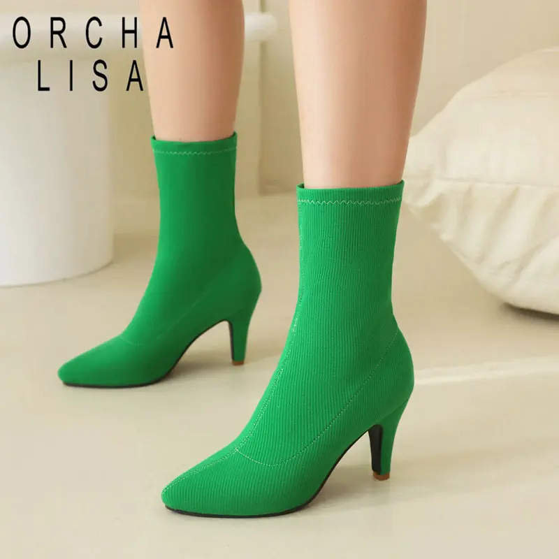 

ORCHA LISA Big Size 46 47 Stretch Women Boots Thin High Heels 8.5cm Slip On Autumn Winter Concise Dating Shoes Ankle Bota 33 34