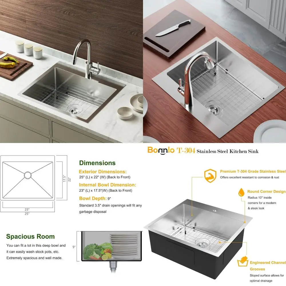 

25 Inch Drop-In Farmhouse Kitchen Sink with 18 Gauge Stainless Steel and Sink Protector, Workstation Sink for Durable Use