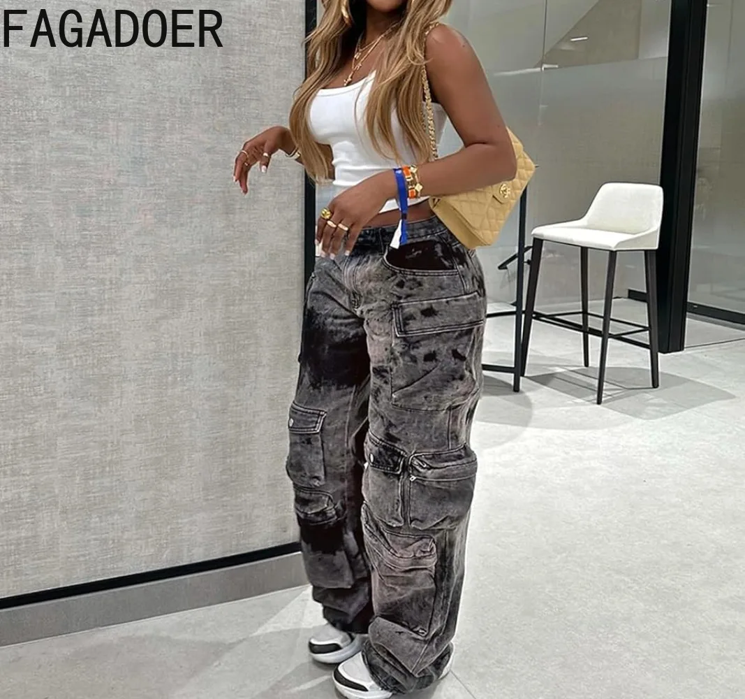 

FAGADOER Y2K Cargo Jeans for Women Straight Wide Leg Denim Baggy Pants Tie Dye Black Streetwear Pockets Jean Pants Trousers