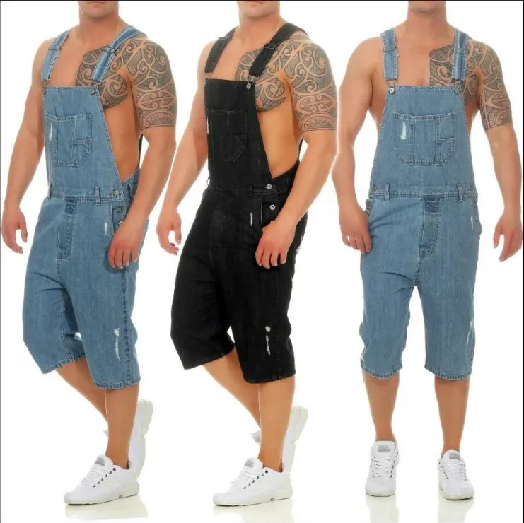 Overalls Men Jeans Mid Waist Pockets One Piece Jumpsuits Denim Solid High Street Cargo Knee Length Ankle Length Distressed 2025