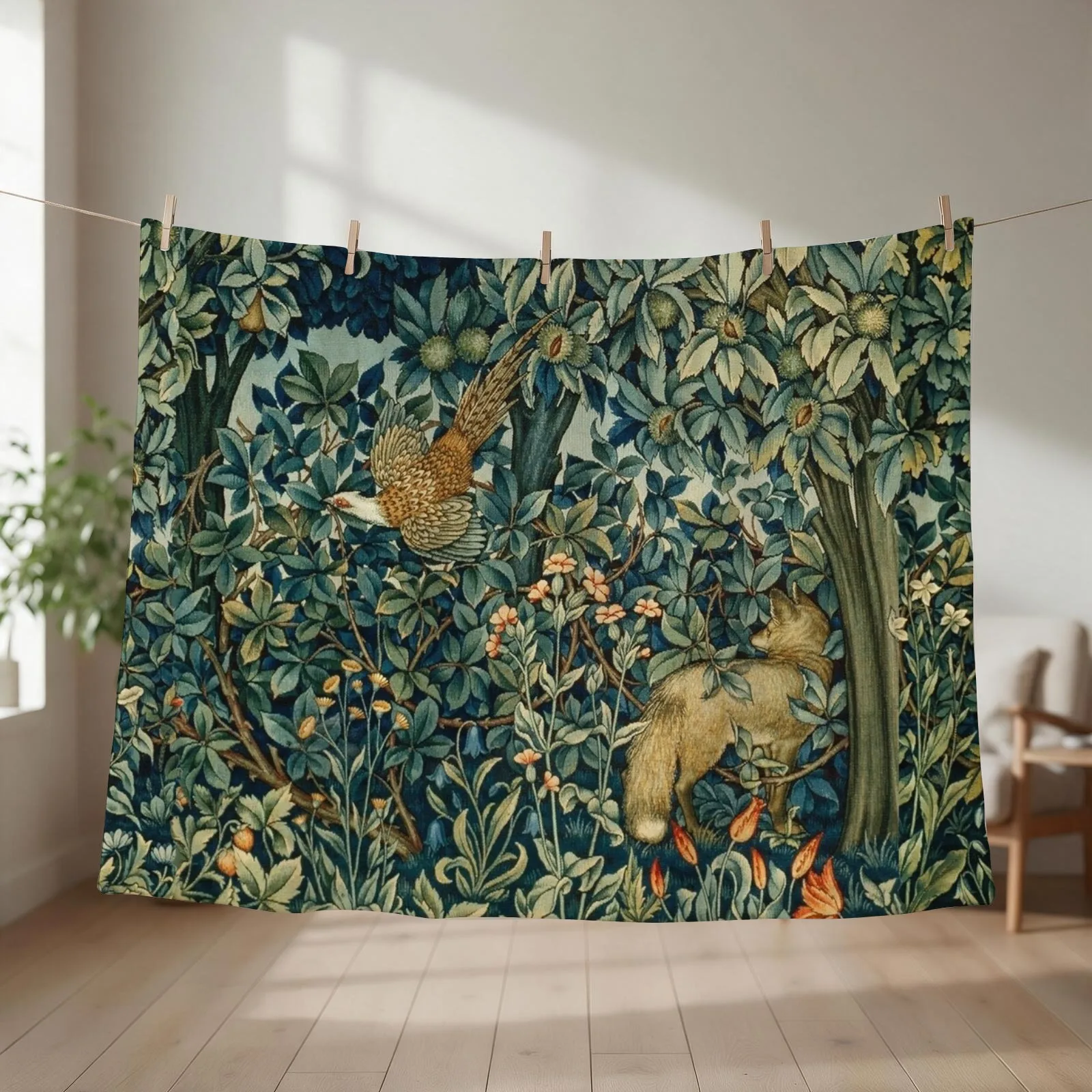 GREENERY, FOREST ANIMALS Pheasant and Fox Blue Green Floral Tapestry Throw Blanket