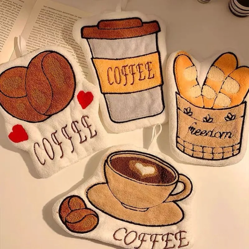 Cute Thickened Coral Fleece Coffee Hanging Hand Towel Soft Embroidered Kitchen Children's Towel Handkerchief for Home