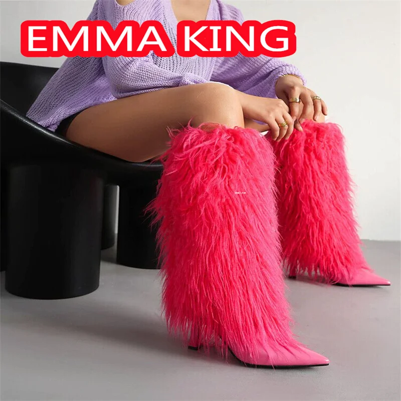 Long Fur Women's winter boots Solid Color Pointed Toe Tassels Nightclub Dancing Thin Heeld Fashion Boots botas de invierno para