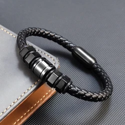Luxury Simplicity Stainless Steel Hexagonal Shape Men's Leather Woven Bracelet Punk Style Men's Jewelry Gift Bracelet Homme
