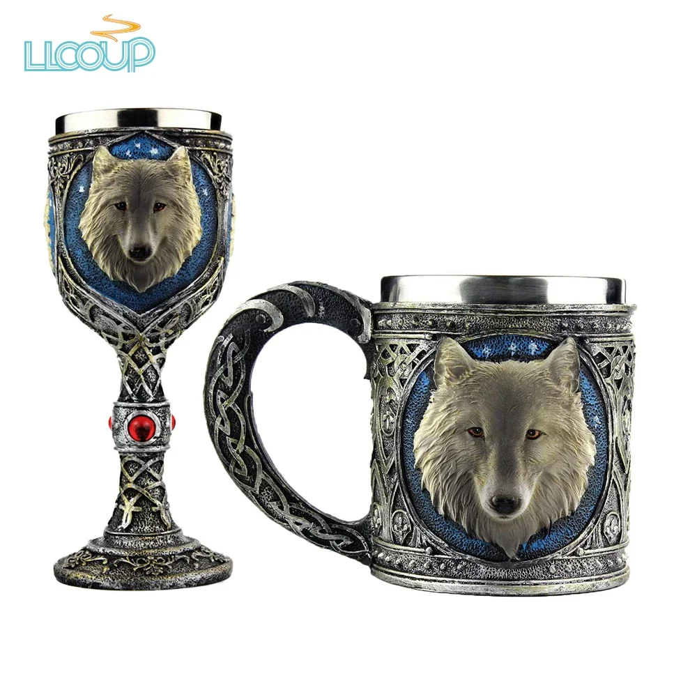 Stainless Steel Wolf Mug Creative Resin 3D Wolf Coffee Cup Medieval Beer Goblet Drinkware Mugs Creative Personalized Gifts