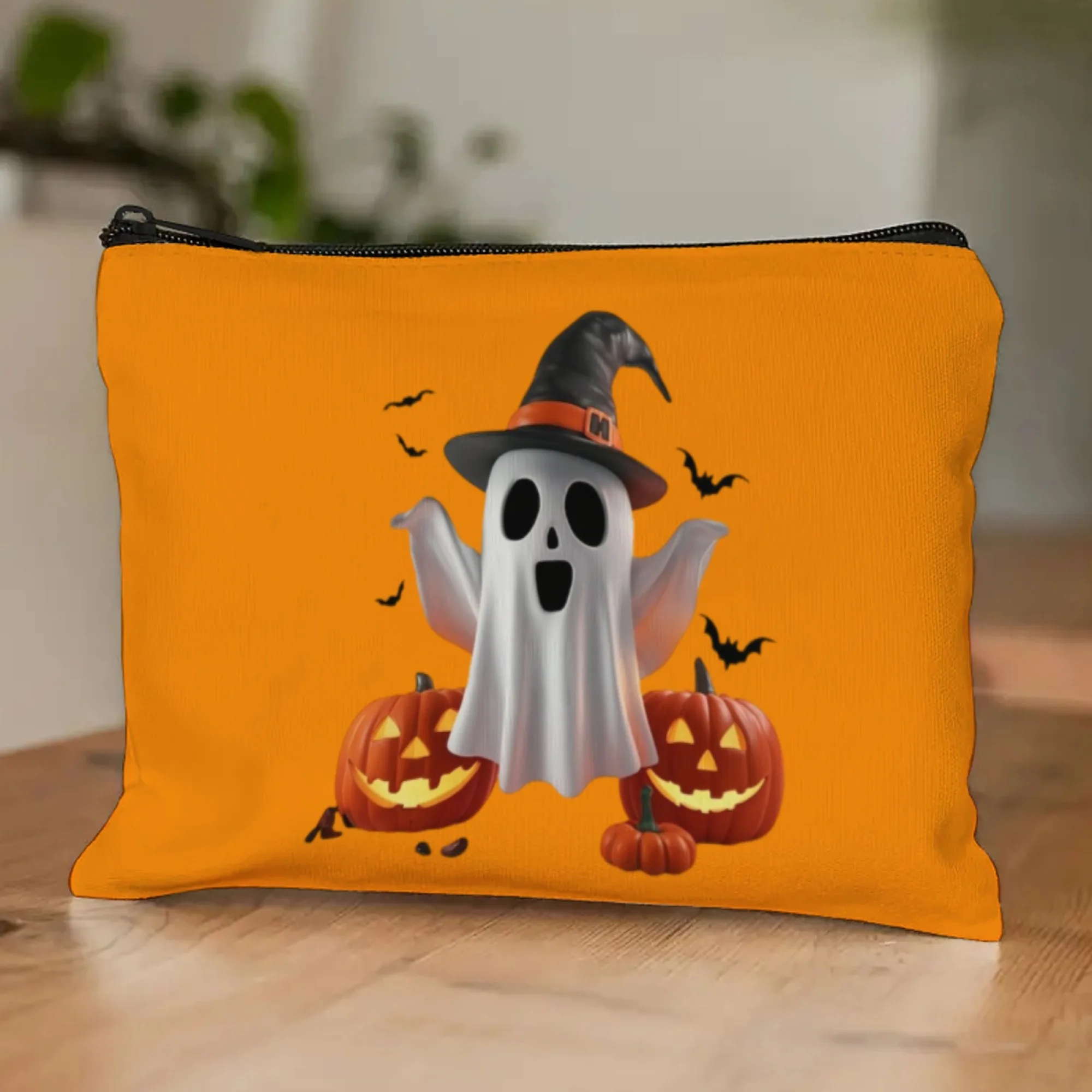 

Halloween Pumpkin Ghost Cosmetic Pouch Cute Cartoon Print Durable Canvas Zipper Closure Inner Pocket Ideal Daily or Travel Use