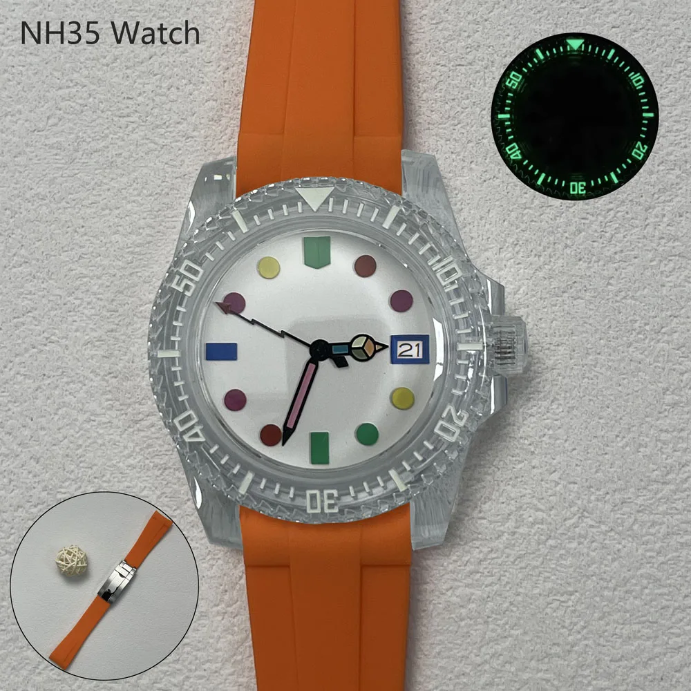 40.5 มม.แฟชั่นผู้ชาย NH35 นาฬิกาอะคริลิคส่องสว่างสีสายยางและญี่ปุ่น NH35 อัตโนมัติ