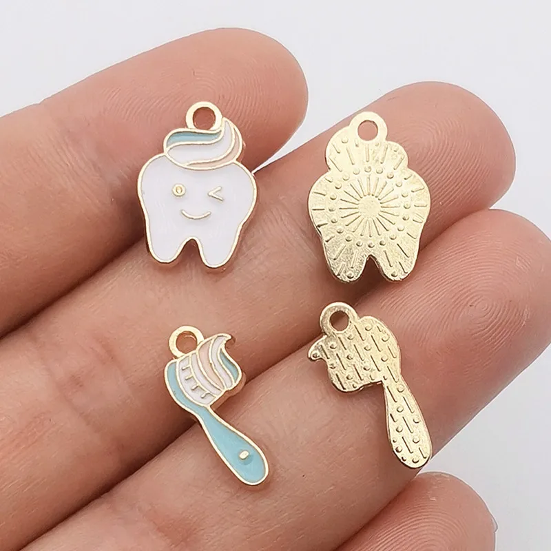 16pcs Cartoon Cute KC Gold Color Enamel Tooth Toothbrush Charms Pendant Designer Charms Fit Jewelry Making DIY Jewelry Findings