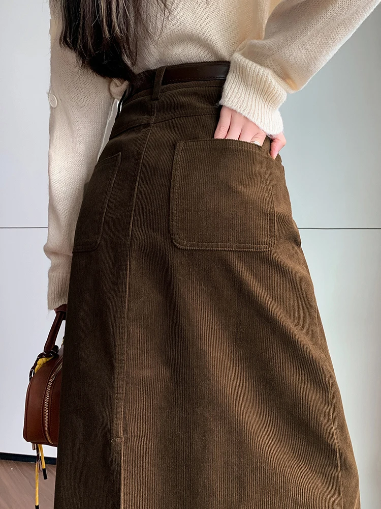Vintage High Waist Winter Long Skirts For Women Elegant Office Wear Solid Corduroy Pencil Skirt With Belt Wrap Falads Largas