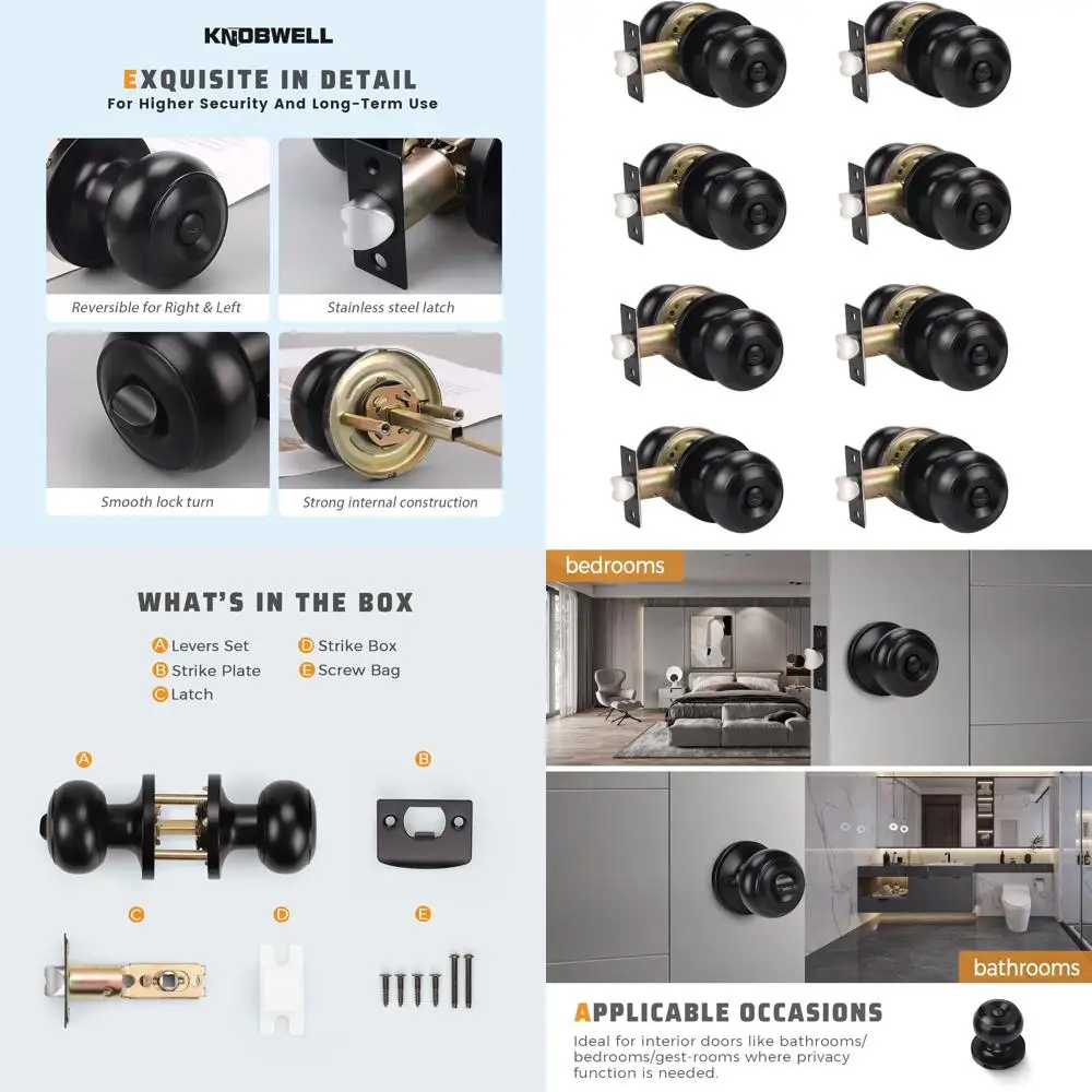 

Matte Black 8-Pack Privacy Door Knobs with Keyless Locking for Bedrooms and Bathrooms