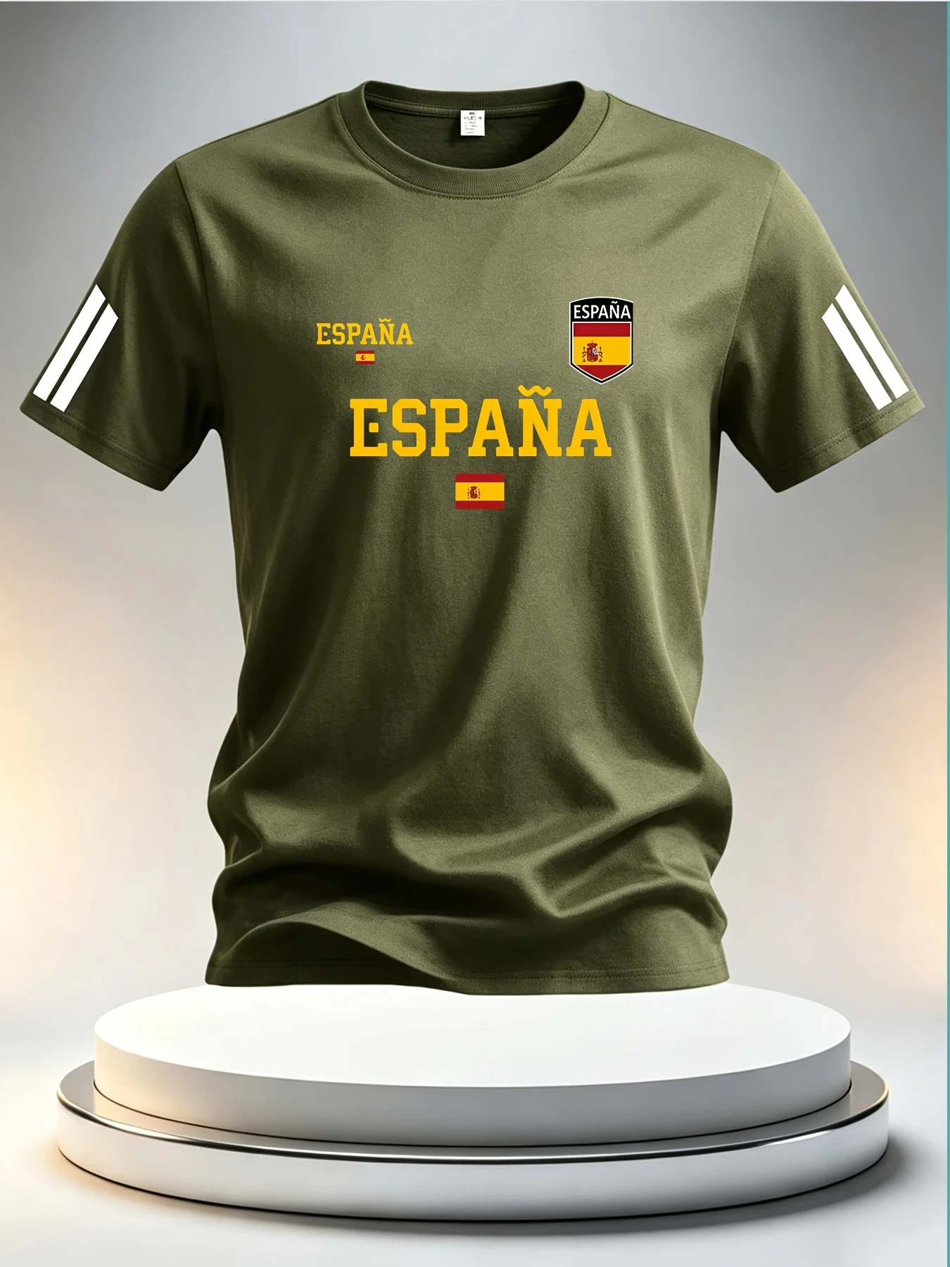 Men's Espana Flag Print Short Sleeve T-Shirt, Crew Neck Soccer Inspired Casual Athletic Tee, Patriotic Streetwear Top