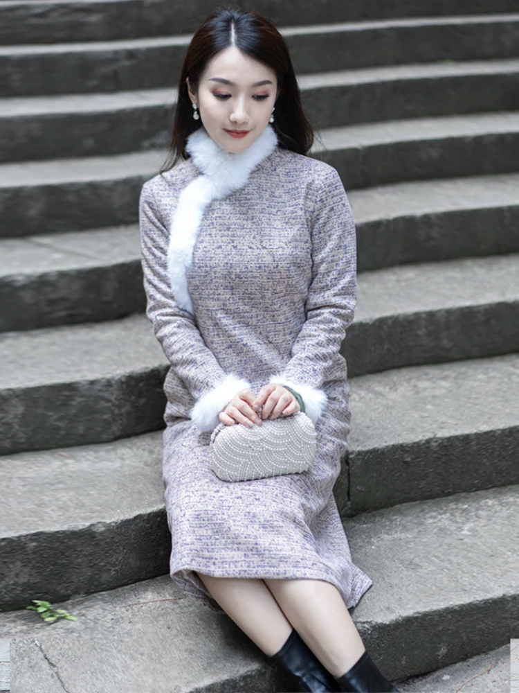 

Thiened Warm Slimming Version Winter Sle Qipao Dr Ethnic Faion Long Sve Polyester Spandex Women's Clothing