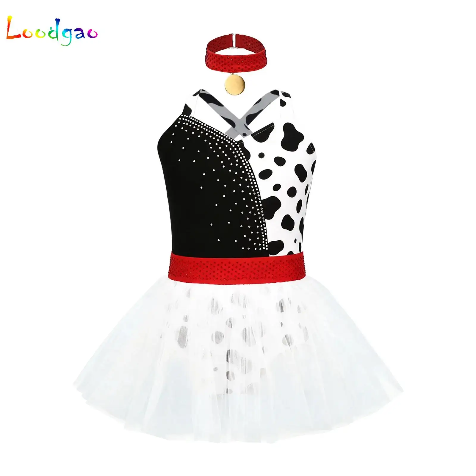 

Kid Dalmatian Cosplay Costumes Girls Spotted Print Ballet Dance Unitard Tutu Dress Rhinestones Gymnastics Skirted Leotard+Choker