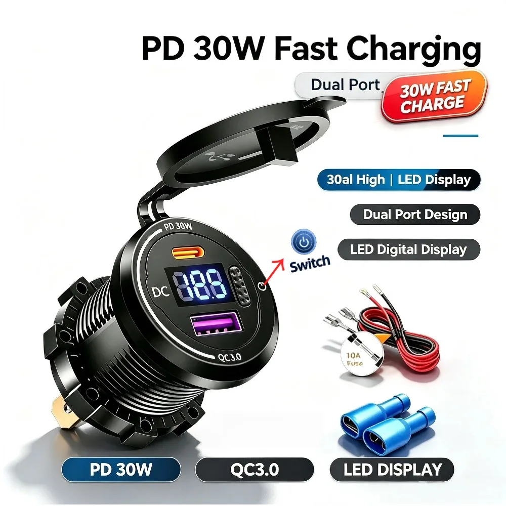 30W PD QC3.0 Dual USB Car Charger with LED Voltmeter – Waterproof 12V-24V Fast Charging for iPhone Android Motorcycle RV Truck