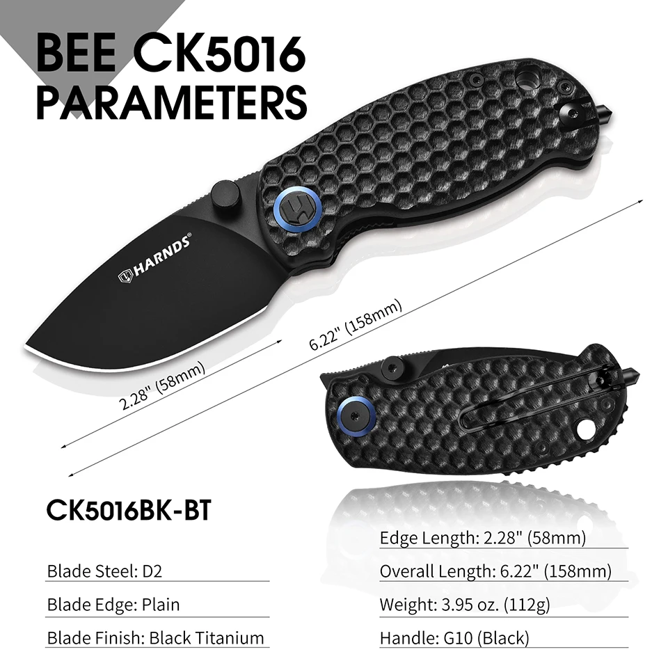 

Harnds Bee Front Flipper Pocket Folding Knife with D2 Steel Blade and G10 Handle, Suitable for Outdoor Survival Camping Hiking