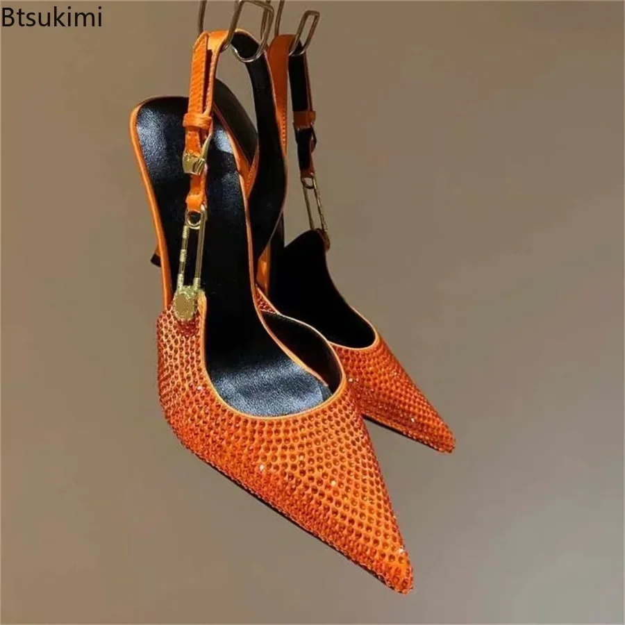 2025Women's Sexy Silk Rhinestone Pumps Belt Buckle Back Hollow Pointed Toe Thin Heel Sandals Pumps Female High Heels Party Shoes