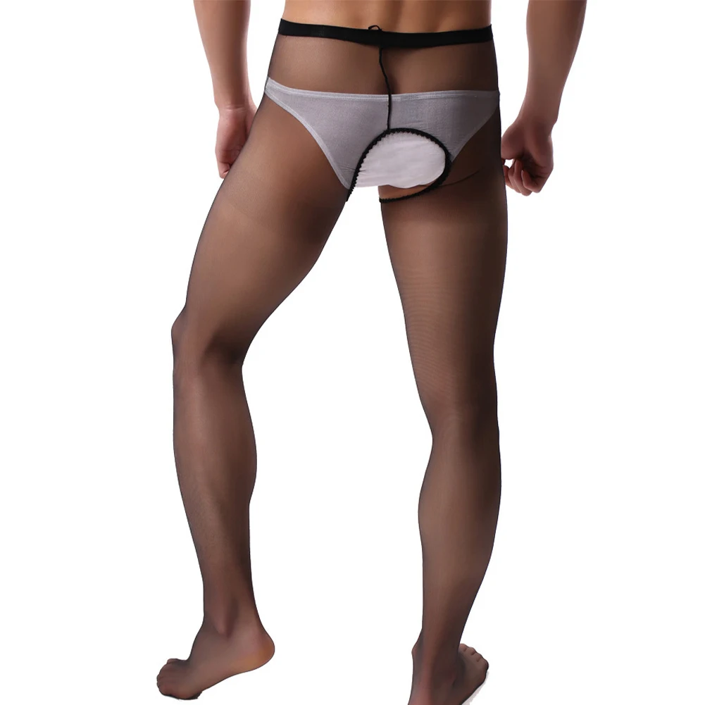 Pantimedias sexys caladas con entrepierna abierta para hombre, lencería erótica, medias transparentes de malla transparente, medias elásticas, ropa interior