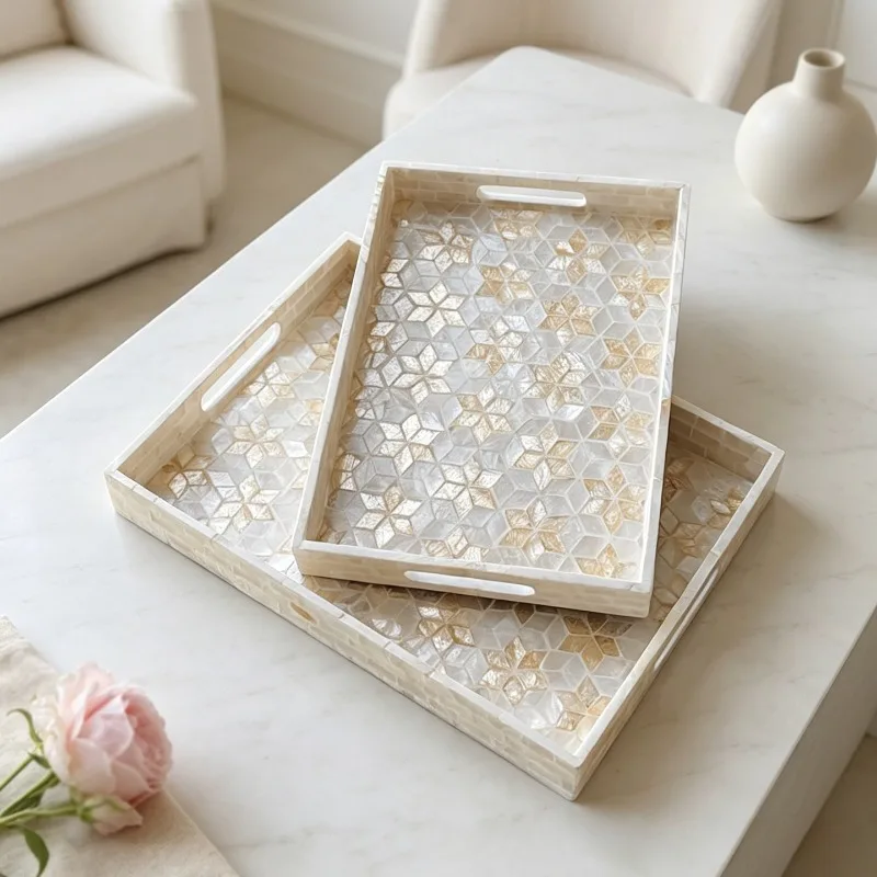 Shell Tray Decorative Rectangle Handcrafted Coffee Table Dining Serving Tray Livingroom Decoration Home Storage Accessories