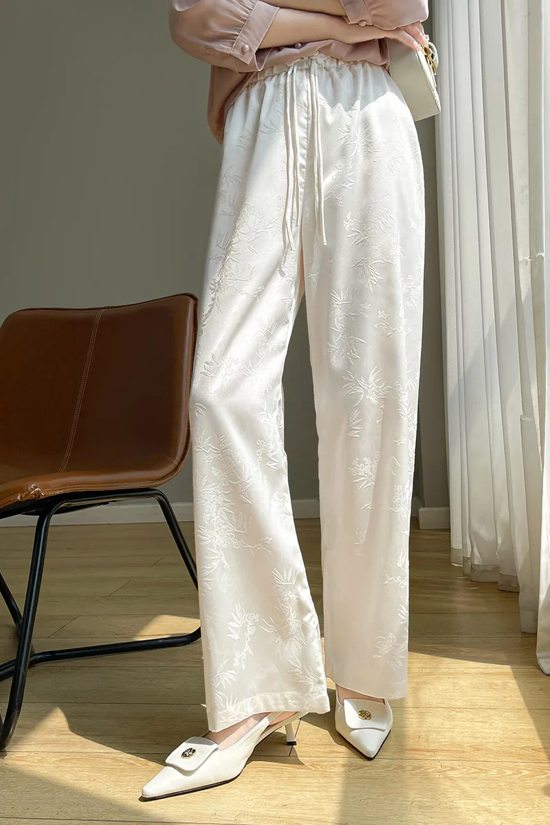 Summer New Chinese Acetate Satin Jacquard Women's High end Chinese Style Straight Leg Slimming Design Wide Leg Pants