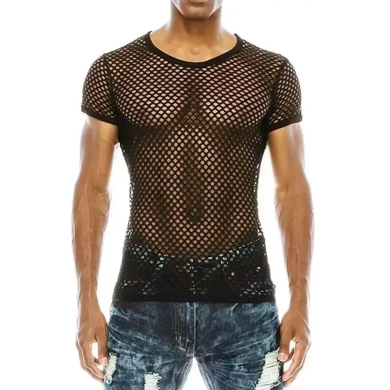 Męskie bluzki z papką z osobowością obcisłe bluzka z wycięciami z perspektywy siatki wędkarskiej z krótkim rękawem t-Shirt męski Top