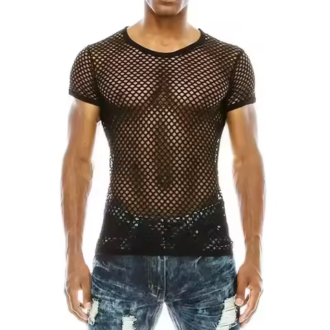 Mens Mush Tops Personality Tight Bottoming Hollow Out Shirt Fishing Grid Perspective Short-sleeved T-shirt Male Top