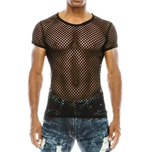 Męskie bluzki z papką z osobowością obcisłe bluzka z wycięciami z perspektywy siatki wędkarskiej z krótkim rękawem t-Shirt męski Top