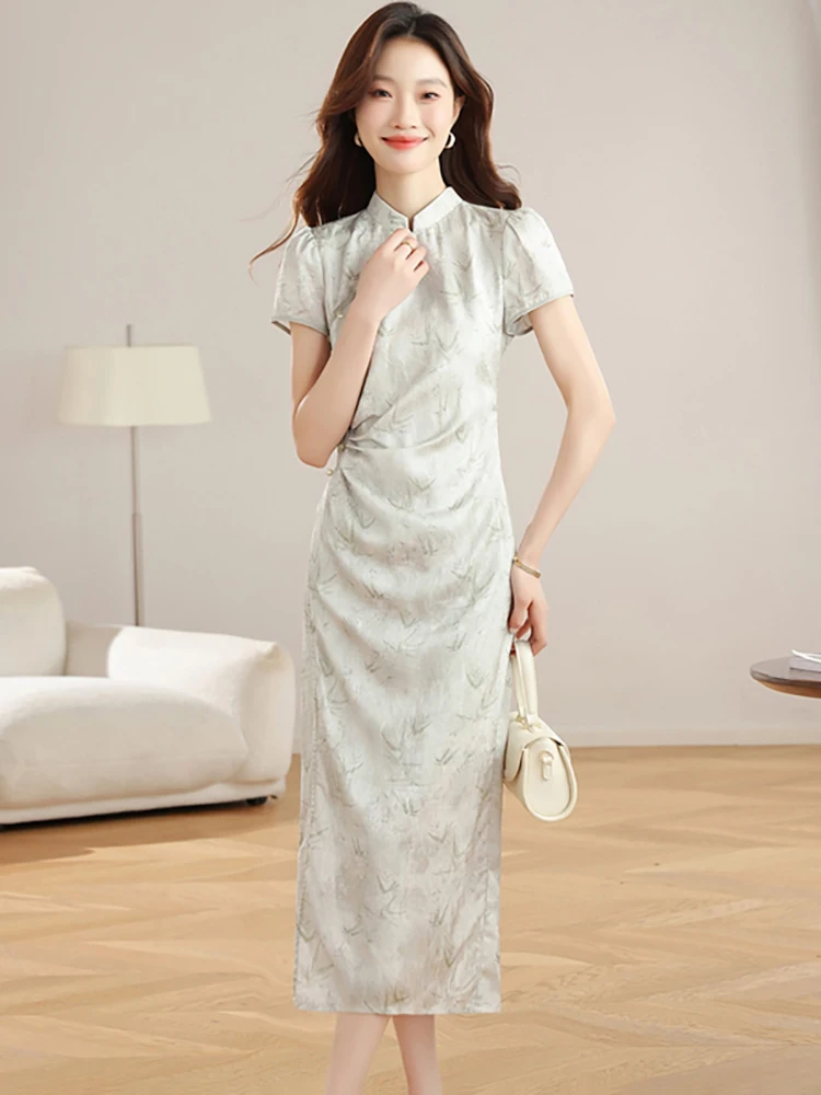 

Summer Pirnt Stand Collar Chic Pleated Bodycon Long Dress Women Elegant Casual Holiday Dress 2025 Korean Vintage Festival Dress