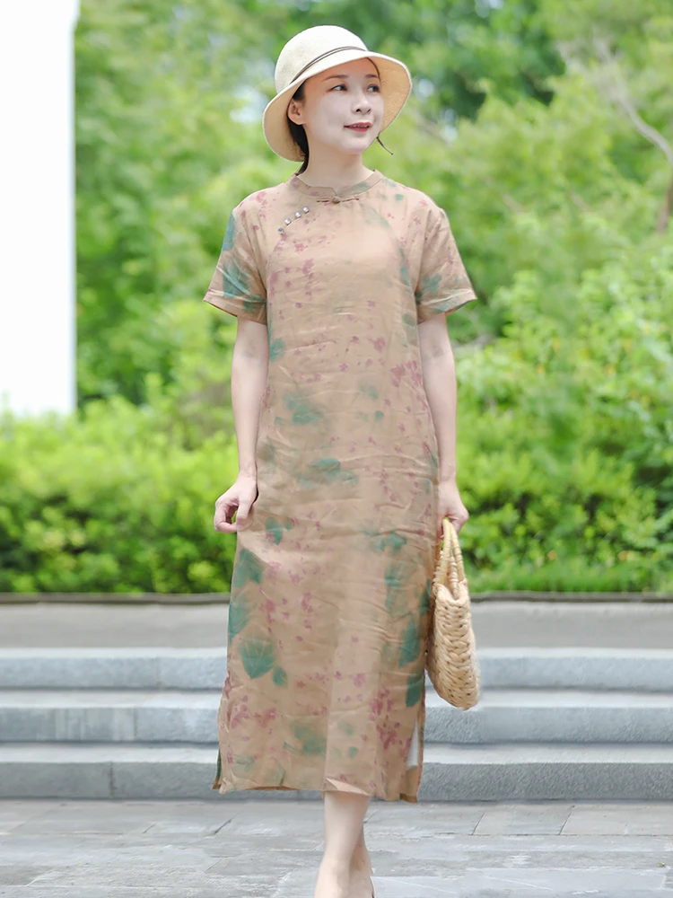 

Новая летняя женская свободная юбка-трапеция из чистого льна с вышивкой в китайском этническом стиле, с коротким рукавом, для похудения