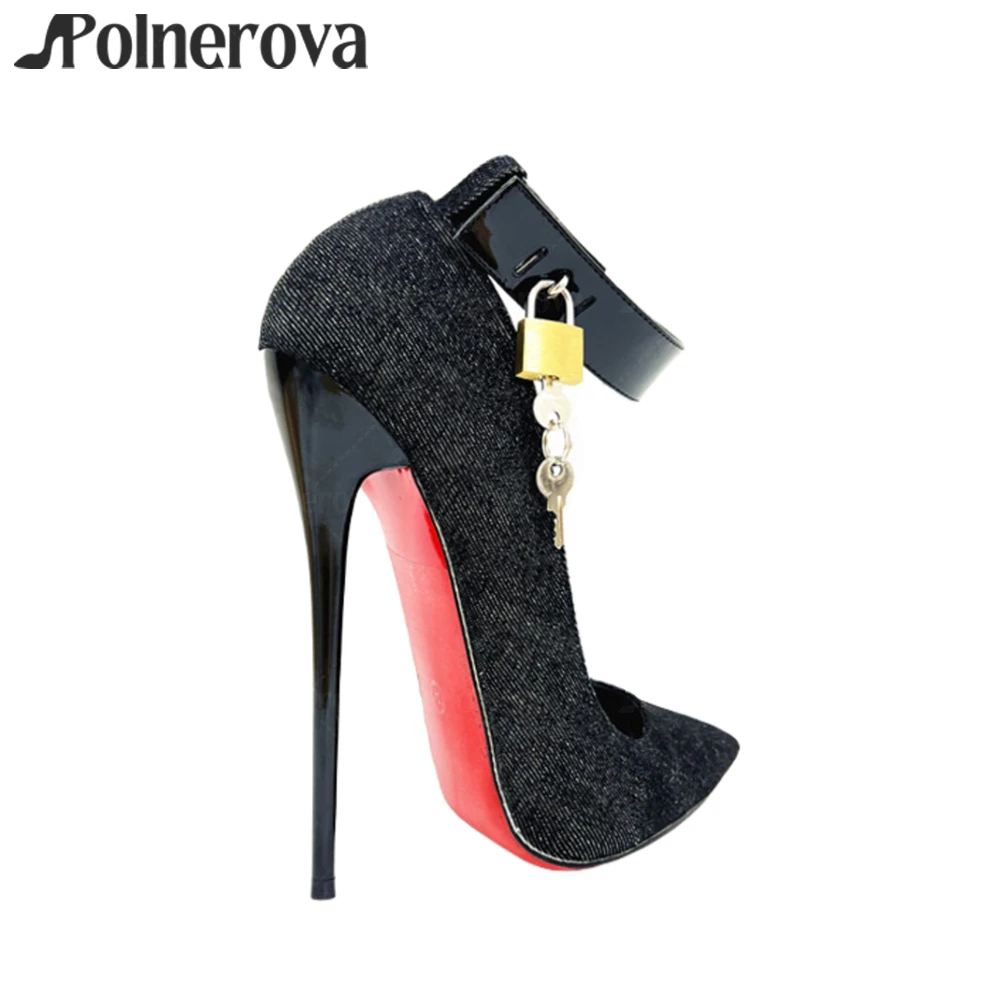 Denim Metallic Lock Stilettos 16cm Extreme Lacquered Heel Pumps Ankle Strap Pointed Toe Handmade Shoes Blue Black Women's Heels