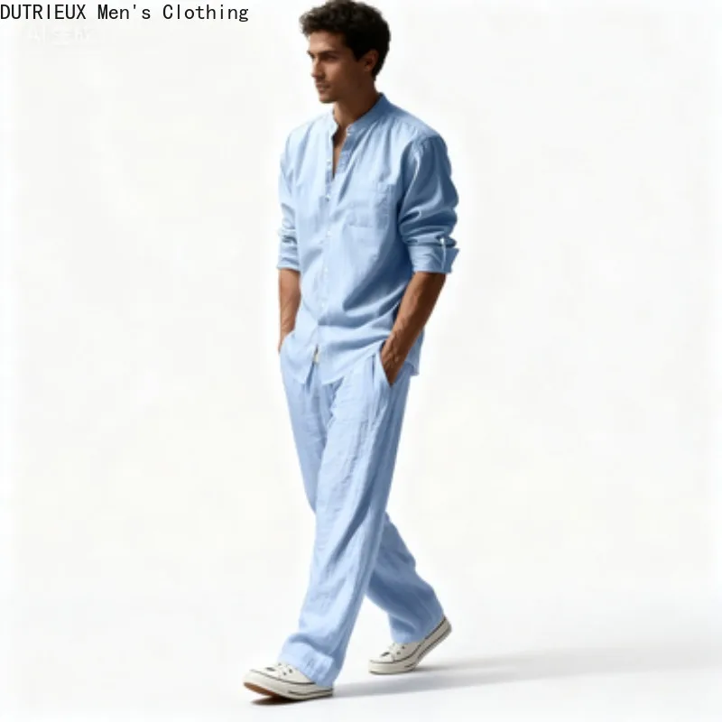 Conjunto de duas peças de algodão e linho masculino outono, camisa de manga comprida versátil simples de grandes dimensões + calças terno de linho confortável para homem