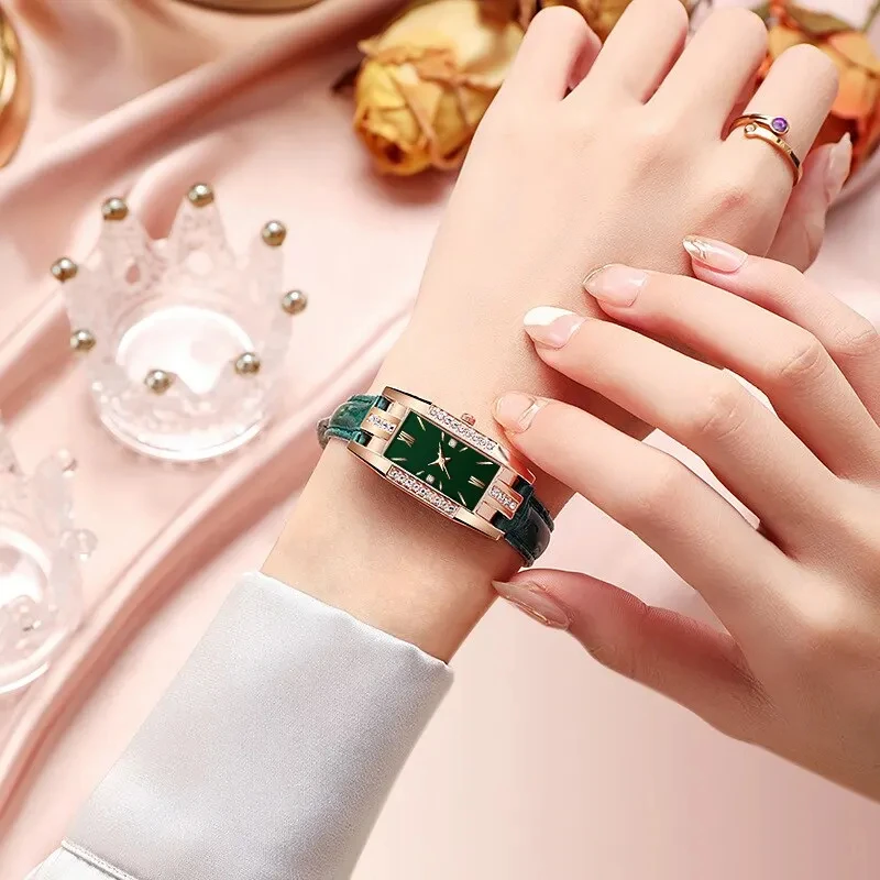 Womens Watches Fashion Square Ladies Quartz Watch Bracelet Set Green Dial Simple Leather Luxury Women Watches