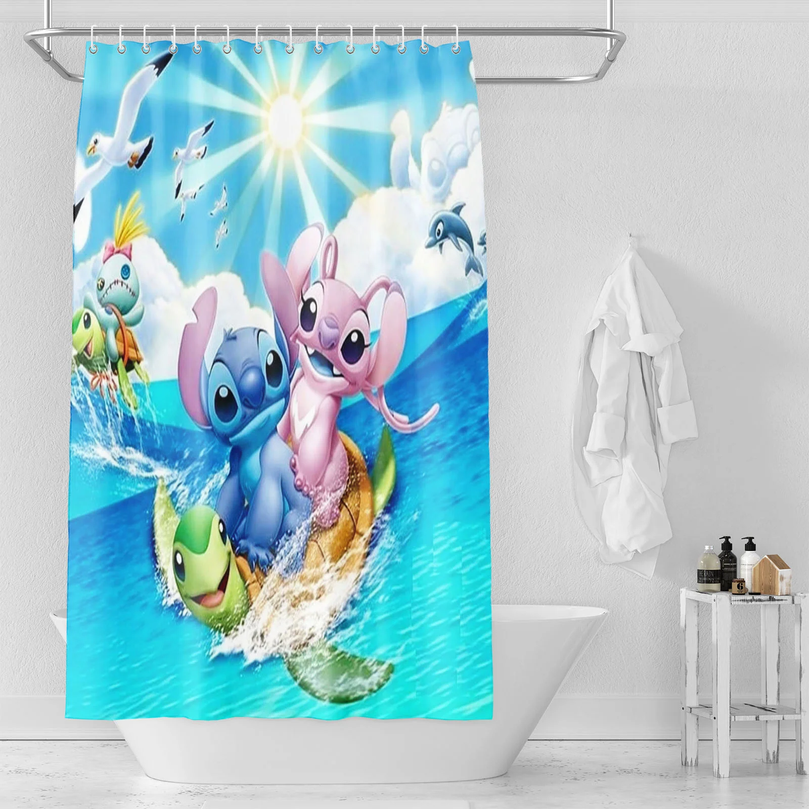 Stitch Toilet Accessories Bathroom Shower Curtain Waterproof Anime Home Curtains For Living Room Sets Luxury Full Set