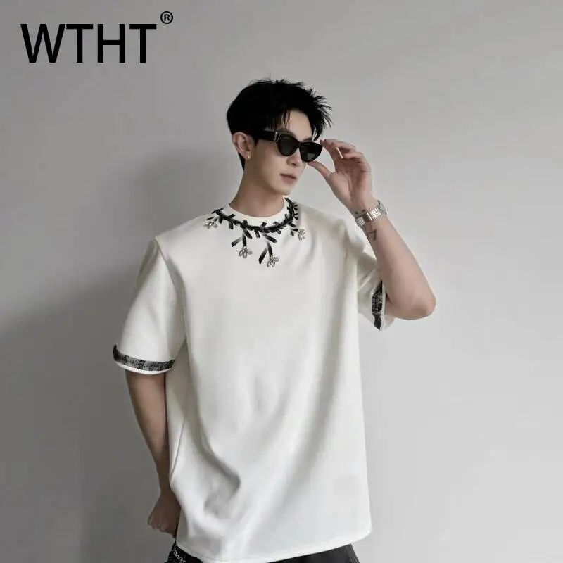 

WTHT Fashion Men's Graffiti Contrast Color Shoulder Pad T-shirts Trendy Round Collar Short Sleeves Tops Male 2026 Summer 2A3064