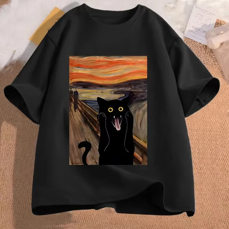 

Женская футболка Scared Cat Print с круглым вырезом, повседневный топ с короткими рукавами на лето Y2k, модная женская футболка Y2K