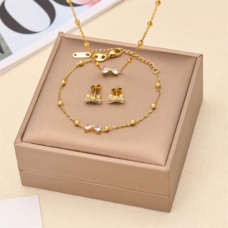 316L Stainless Steel New Fashion Jewelry Young Girls Heart-shaped Zircon Bowknot Charm Chain Necklace Bracelet Earring For Women