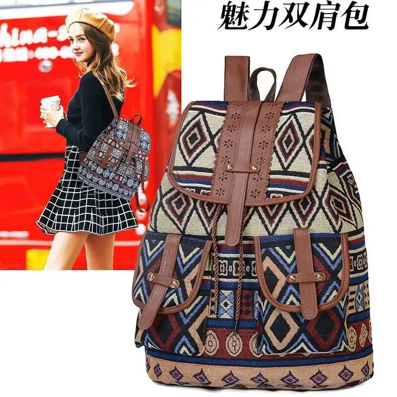 Trendy Large Capacity Casual Personality Drawstring Personality Geometric Pattern  Women's Bag National Exotic Style Backpack