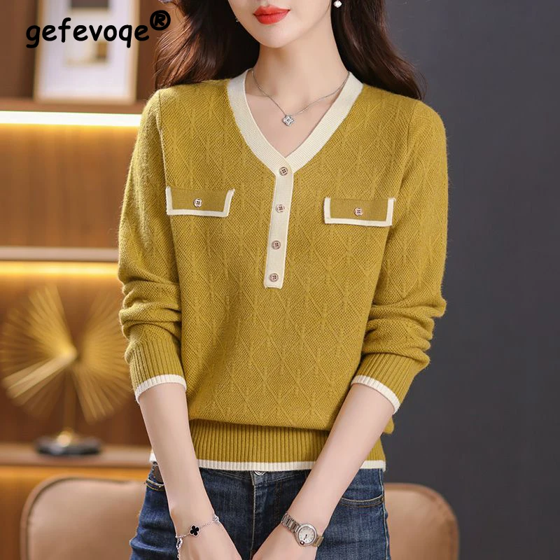 

Women Korean Fashion Patchwork Elegant Knitwears 2023 Autumn Winter Female V Neck Long Sleeve Pullover Tops Casual Loose Jumpers