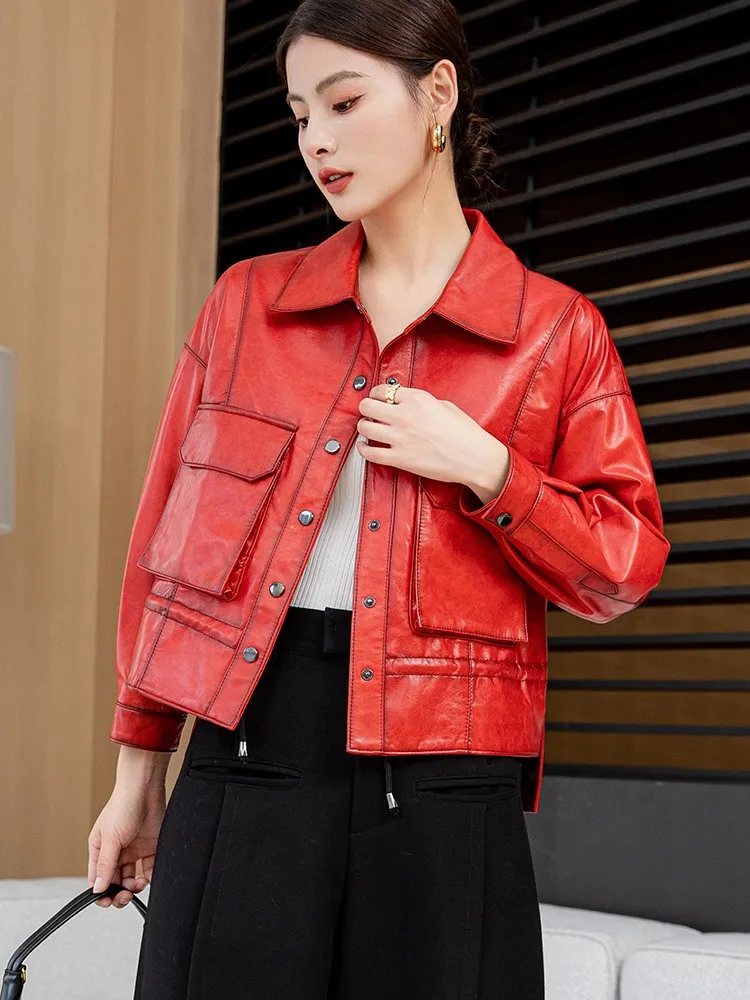 Giacca corta da donna in vera pelle di alta qualità monopetto vino rosso giacche di pelle di pecora colletto couverture cappotto casual vestibilità ampia