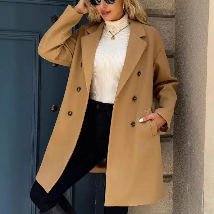 

Faionable Casual Woolen Coat Women's Long Lapel Pure Color Double Breasted Coat Autumn Winter Outerwear Ele Ladylike