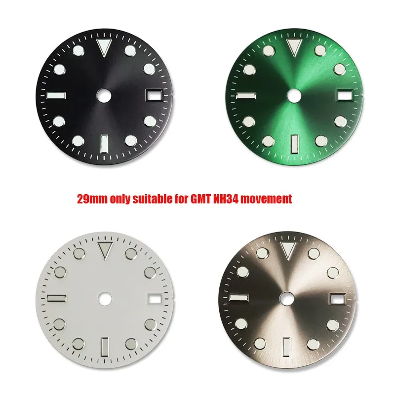 Mod 29mm GMT quatro mão Watch Dial verde luminoso literalmente apto para GMT NH34 movimento acessórios