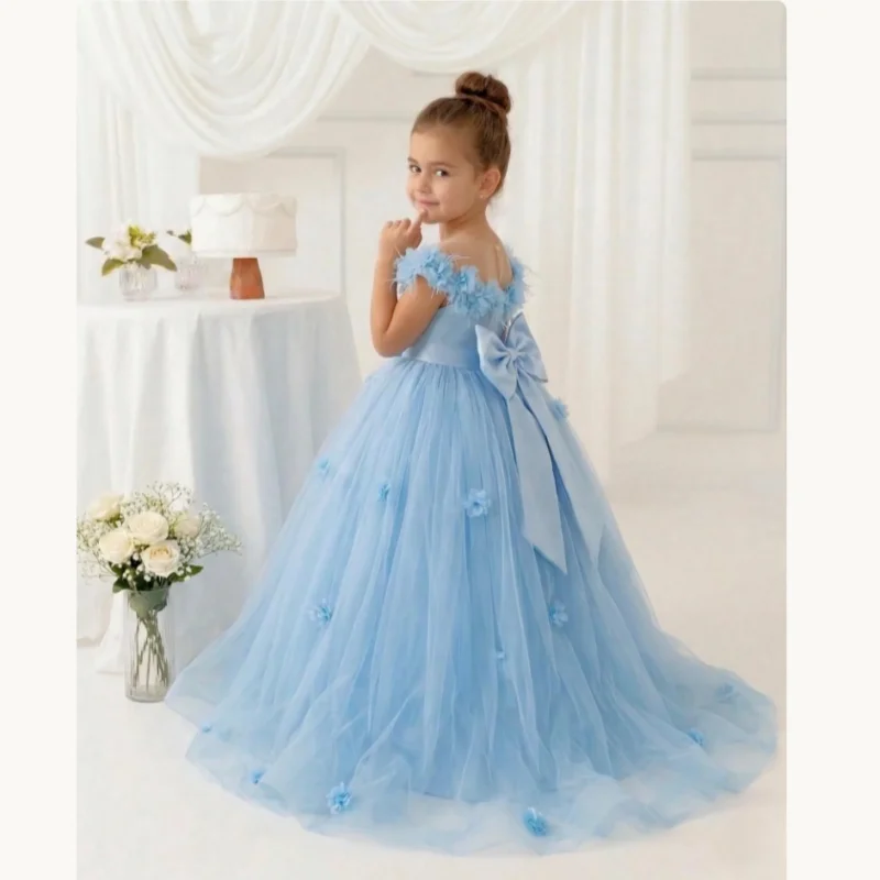 3D Flower Tulle Flower Girl Dress Back Big Satin Bow Floor Trailing Train Kids Gown Wedding Bridesmaid Baptism Birthday Pageant