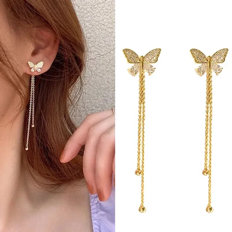 Korean Elegant Cute Rhinestone Butterfly Stud Earrings For Women Girls Fashion Metal Chain Boucle D'oreille Jewelry Gifts