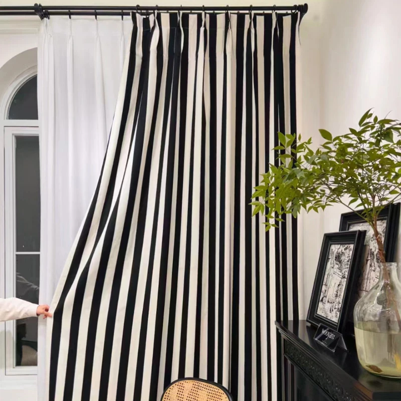Minimalist Black and White Vertical Stripe Ins Style Curtains Chenille Modern Jacquard Blackout Curtains for Bedroom Living Room