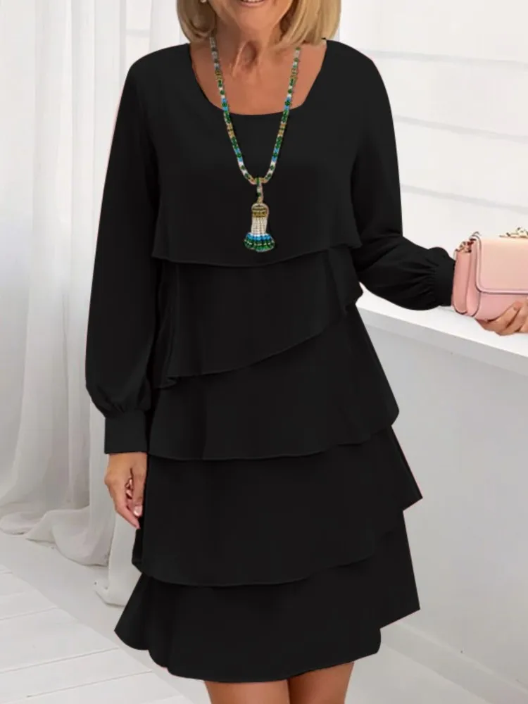 

Autumn Fashion Elegant Cake Skirt Women's Temperament Commuting Solid Color Loose Casual Slimming Round-neck Long-sleeved Dress