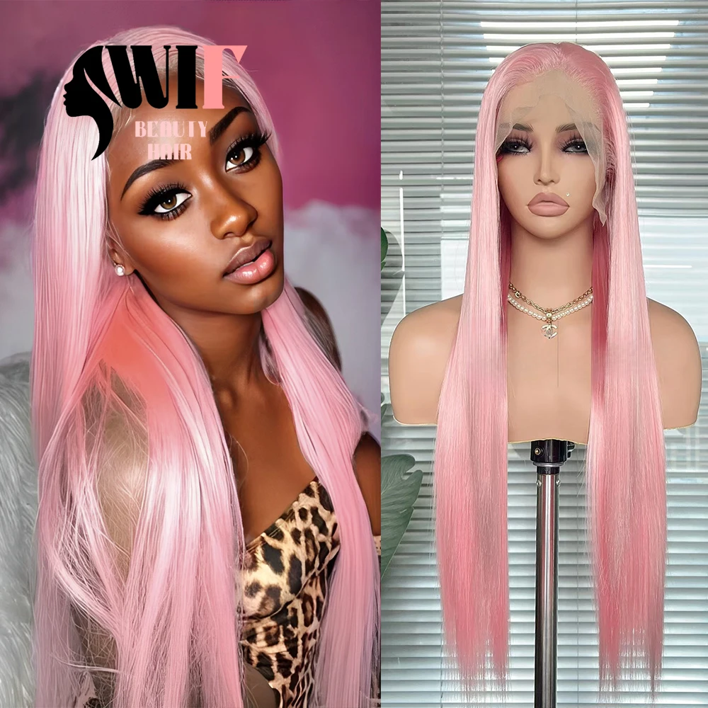 WIF Light Pink Straight Synthetic Wig Silk Pink Straight Lace Wigs Free Part Natural Hairline Women Daily Party Use Pink Hair